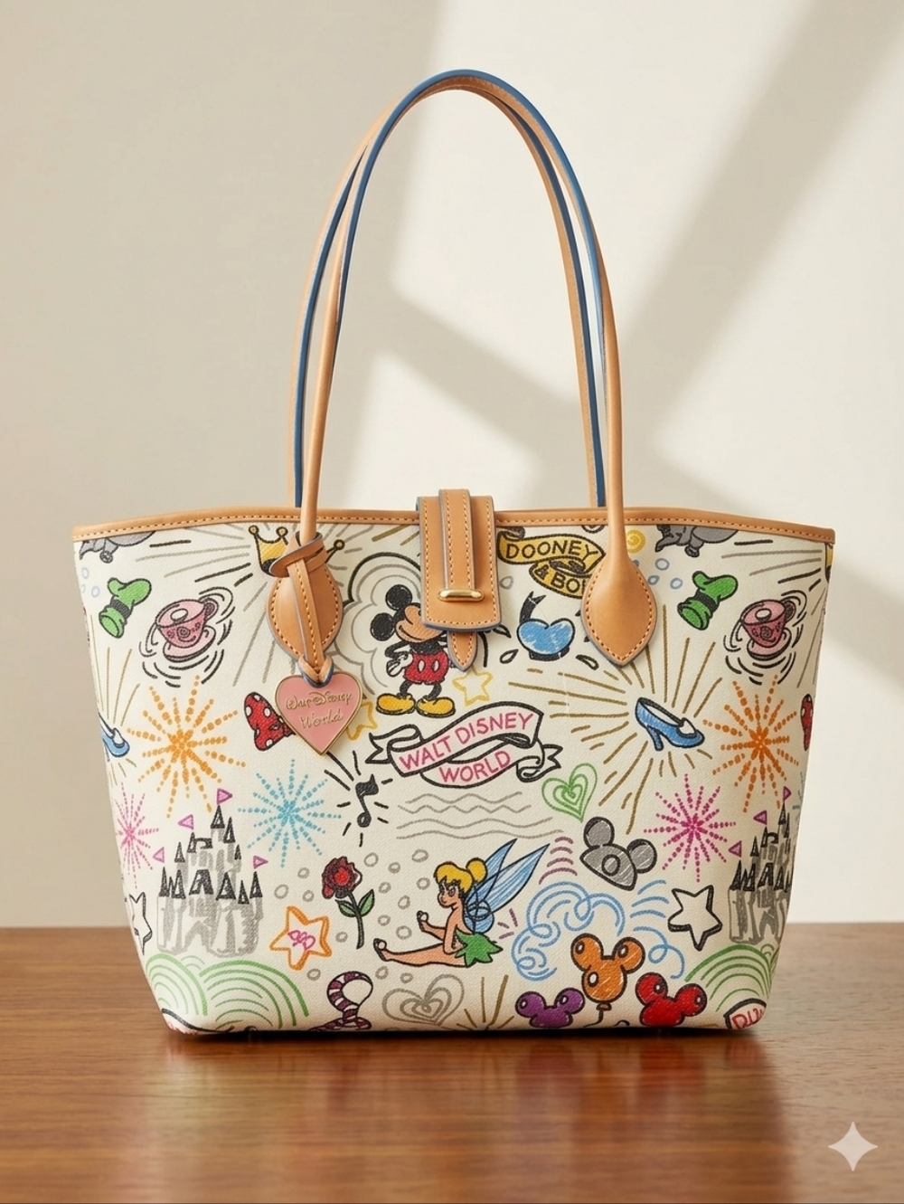 Dooney & Bourke Multicolor Disney Sketch 1st Edition Canvas Tote with Tan Trim